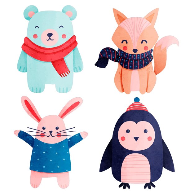Watercolor winter animals collection