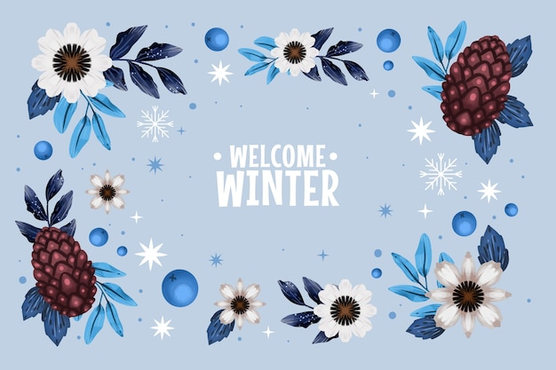 Watercolor winter background with flowers and pine cones