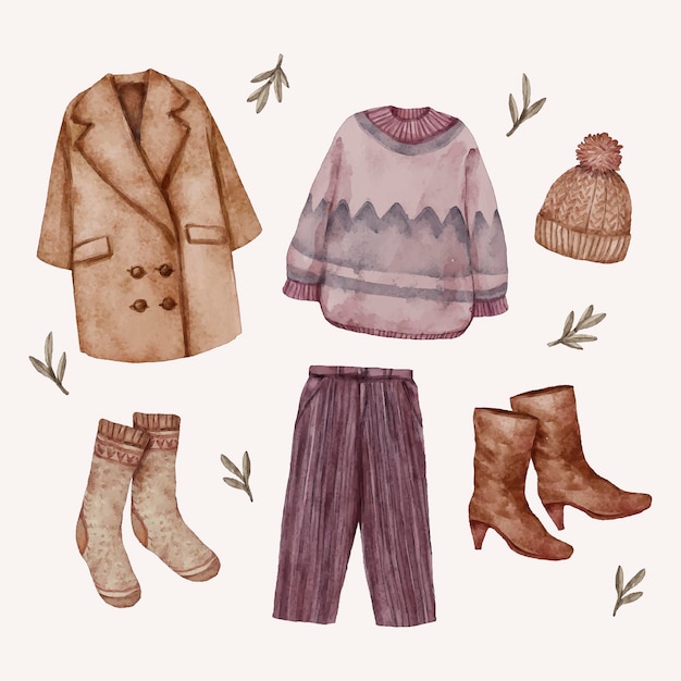 Watercolor winter clothes and essentials collection