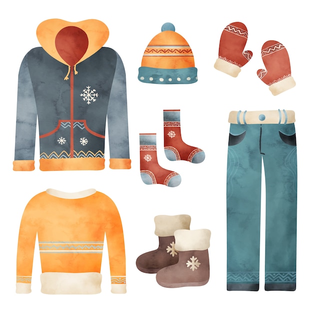 Free vector watercolor winter clothes and essentials collection