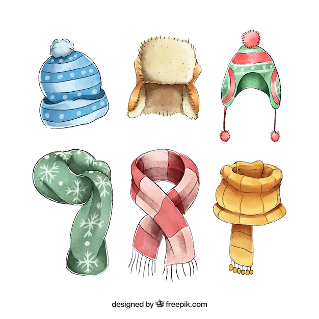 Free vector watercolor winter clothes & essentials