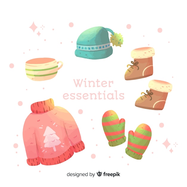 Watercolor winter clothes and essentials