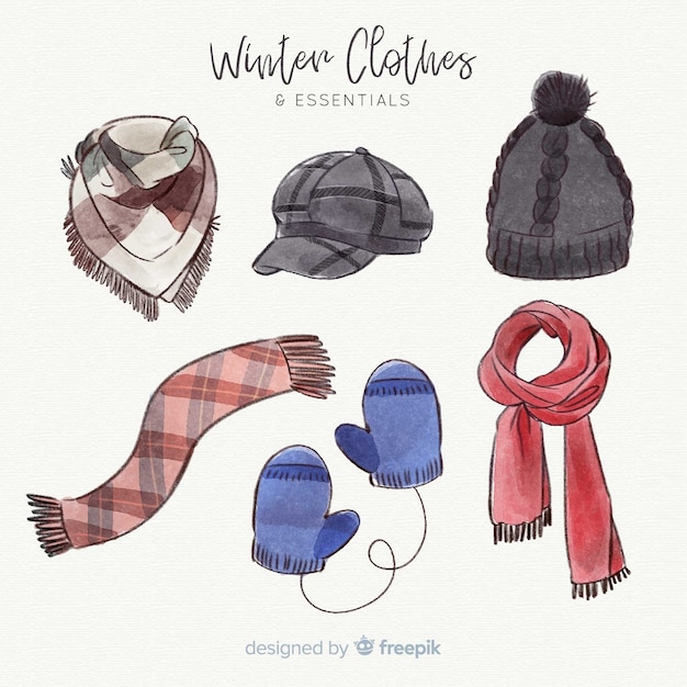 Watercolor winter clothes and essentials