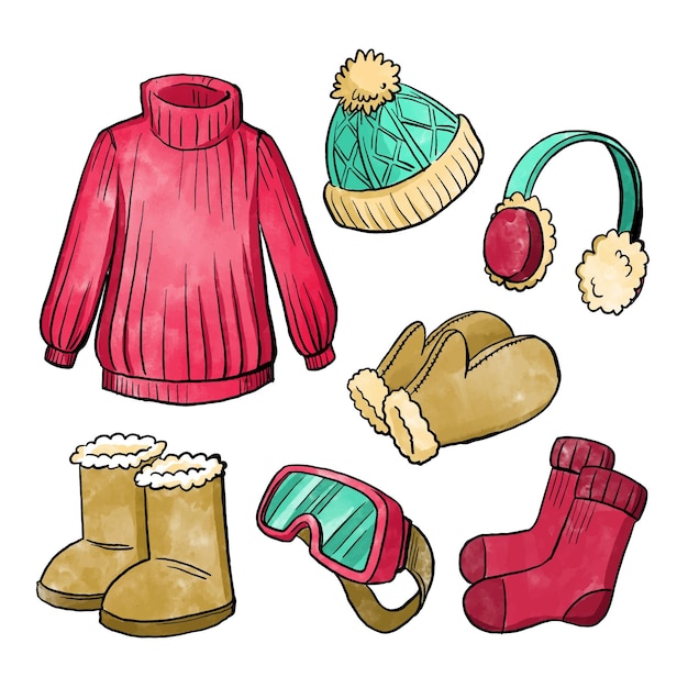 Акварельная зимняя одежда и предметы первой необходимости