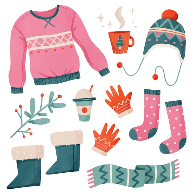 Watercolor winter clothes and essentials