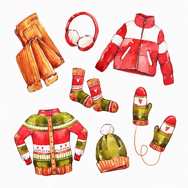 Watercolor winter clothes and essentials