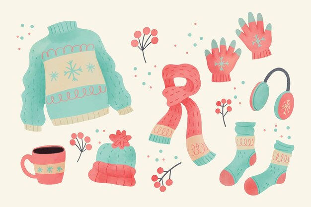 Watercolor winter clothes and essentials