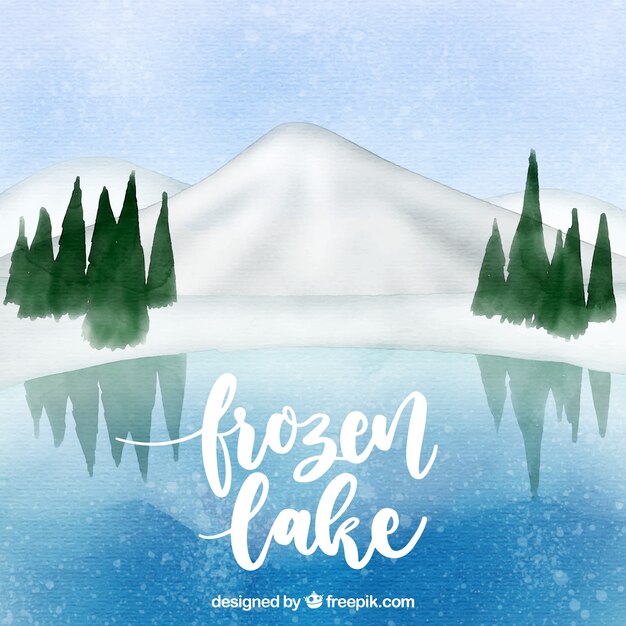 プルーク湖の水彩冬の風景