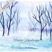 Vettore gratuito paesaggio invernale acquerello con alberi senza foglie