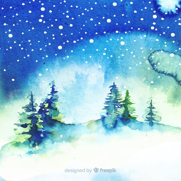 Watercolor winter landscape with trees