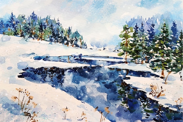 Watercolor winter landscape