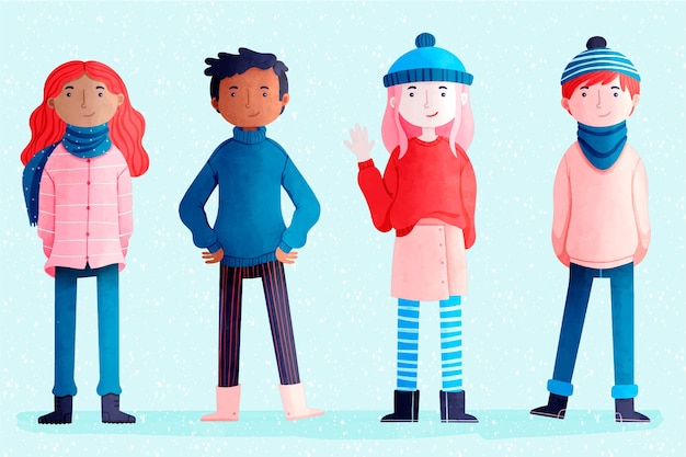 Free vector watercolor winter people collection