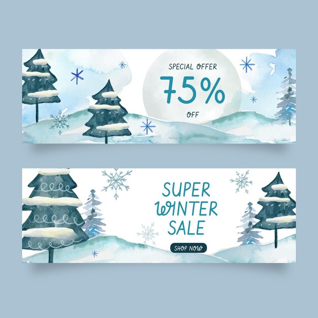 Watercolor winter sale horizontal banners set