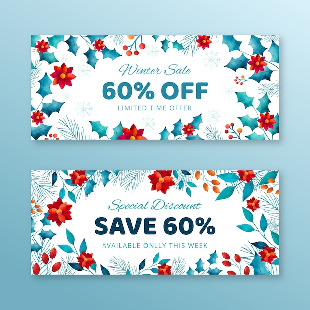 Watercolor winter sale horizontal banners set