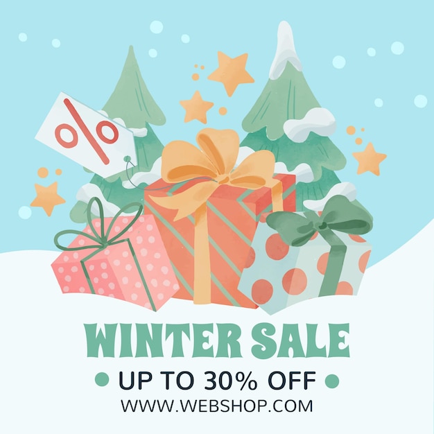 Бесплатное векторное изображение Акварельная зимняя распродажа иллюстрация и баннер