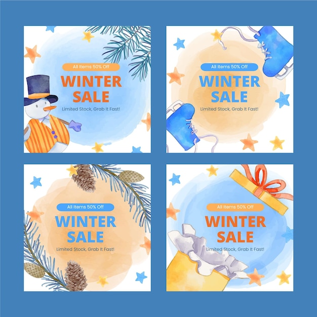 Watercolor winter sale instagram posts collection