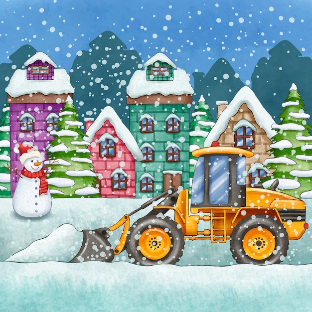 Watercolor winter snow plow illustration