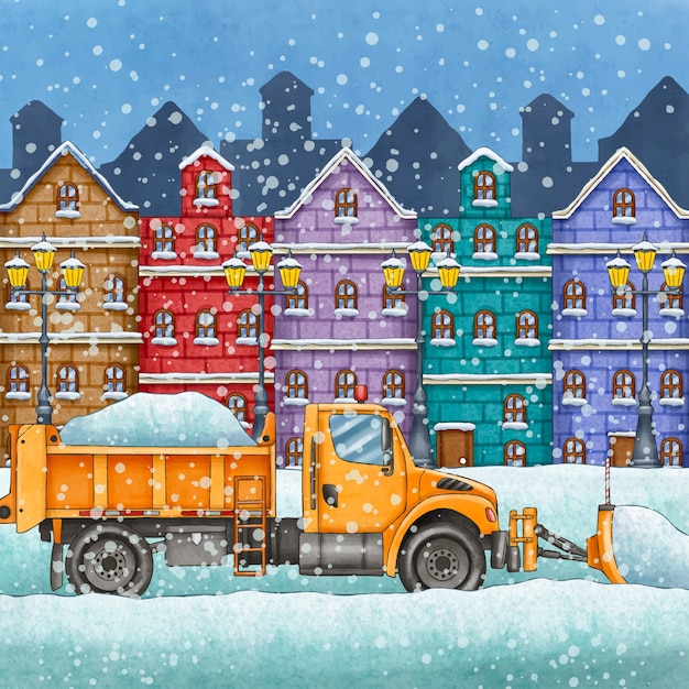 Watercolor winter snow plow illustration