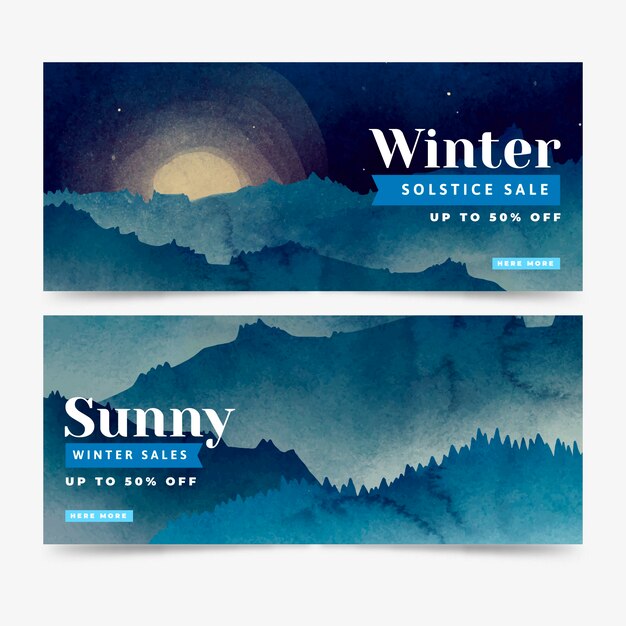 Watercolor winter solstice horizontal banners set