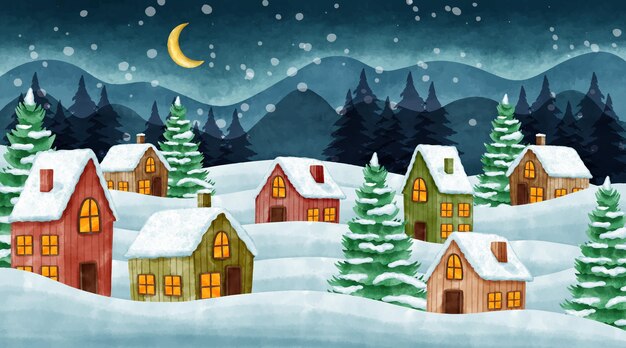 Watercolor winter village illustration