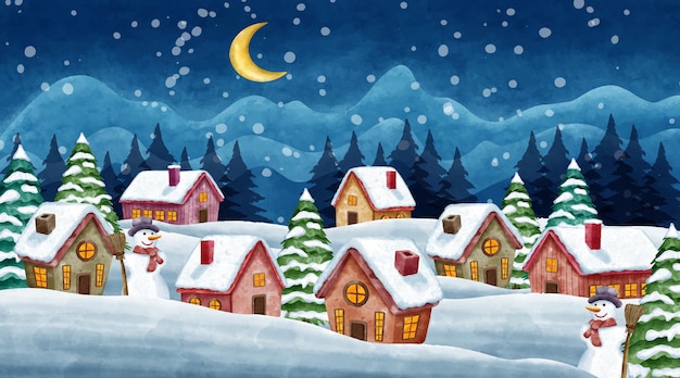 Акварельная зимняя деревня иллюстрация