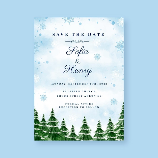 Watercolor winter wedding invitation template