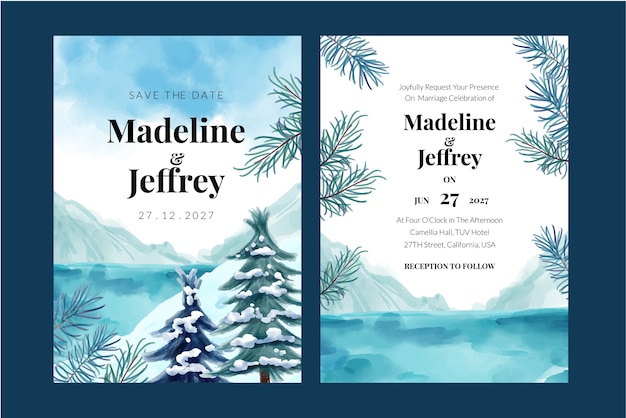 Watercolor winter wedding invitation template