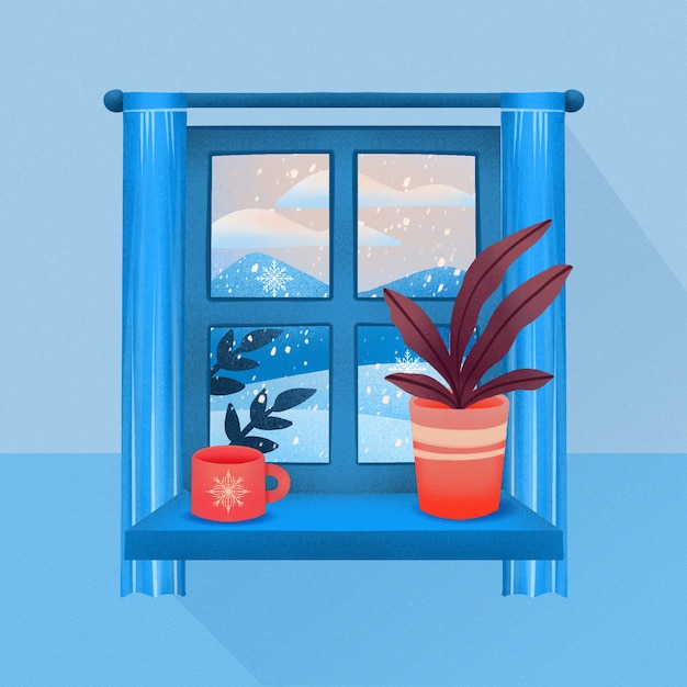 Watercolor winter window illustration