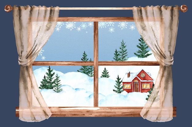 Watercolor winter window illustration