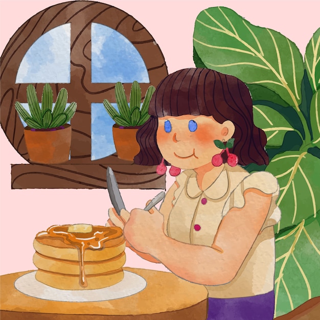 Watercolor woman eating pancakes illustration