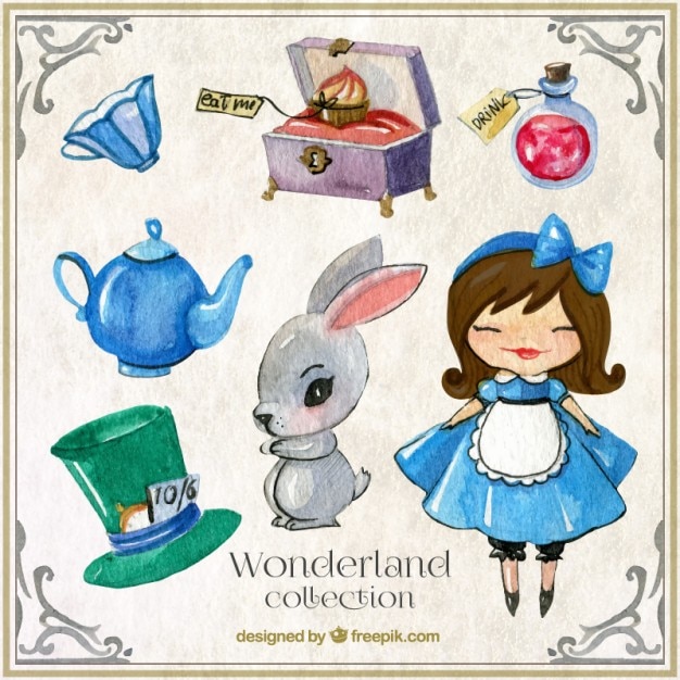 Wonderland acquerello con personaggi ed elementi simpatici