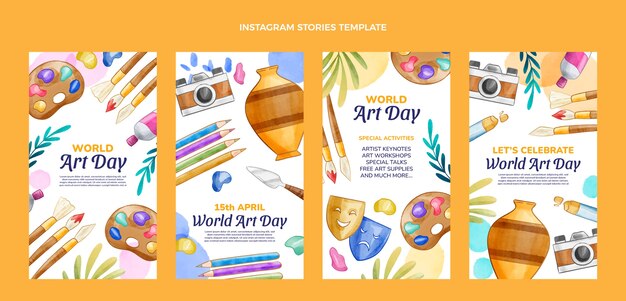 Watercolor world art day instagram stories collection