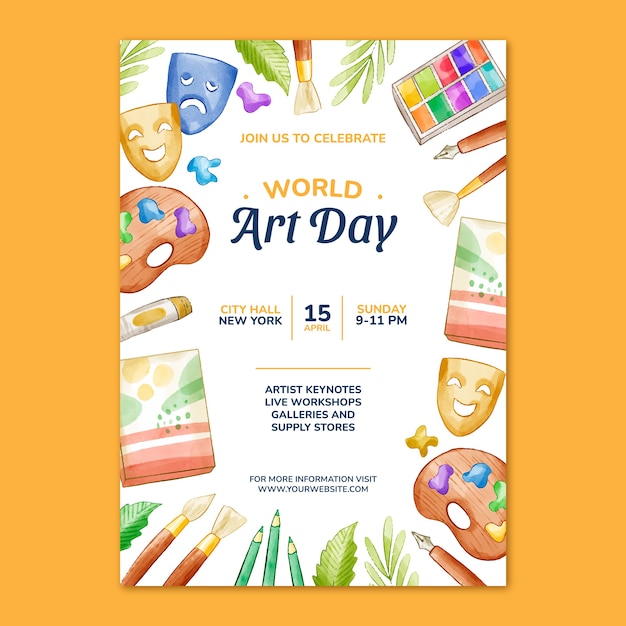 Watercolor world art day vertical poster template