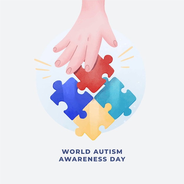 Vettore gratuito illustrazione di giorno di consapevolezza dell'autismo mondiale dell'acquerello con pezzi di un puzzle