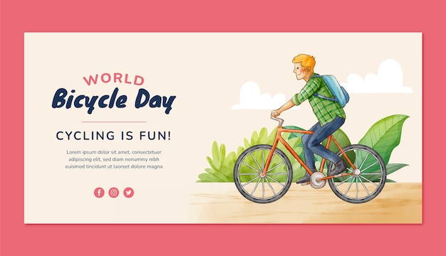 Watercolor world bicycle day horizontal banner template