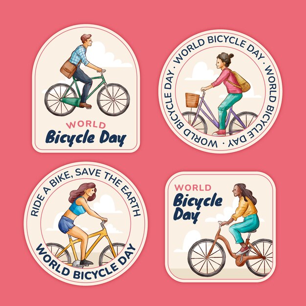 Free vector watercolor world bicycle day labels collection