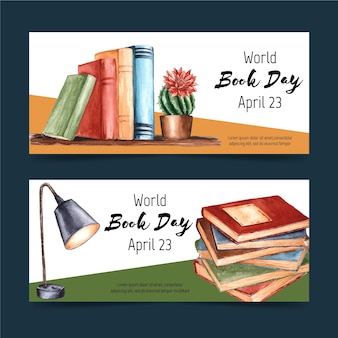 Watercolor world book day banners set