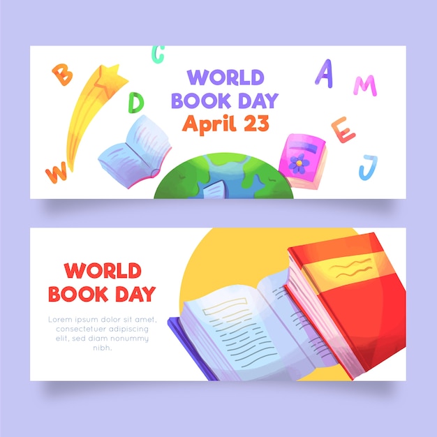 Watercolor world book day banners