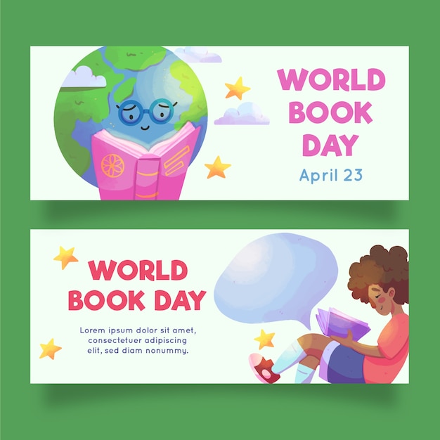 Watercolor world book day banners