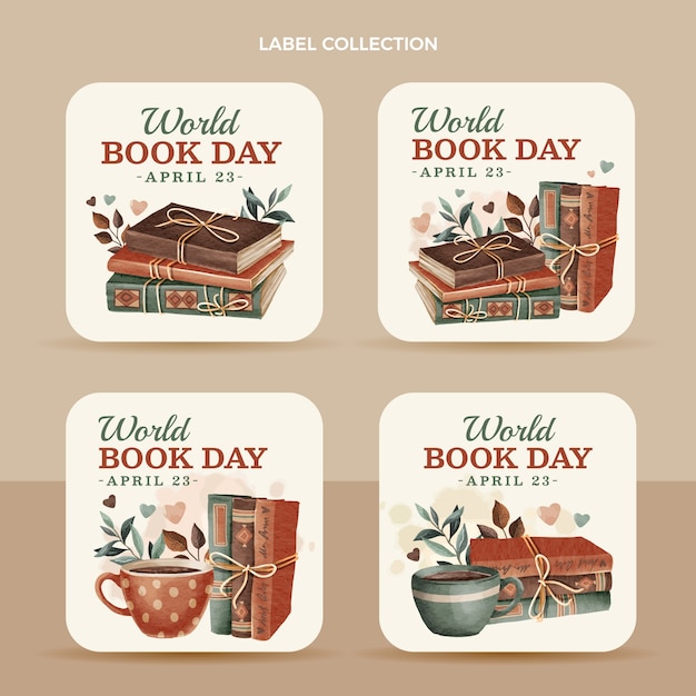 Free vector watercolor world book day labels collection