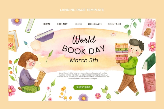 Watercolor world book day landing page template