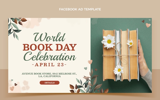 Watercolor world book day social media promo template