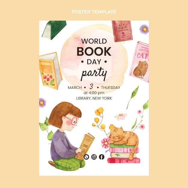 수채화 세계 책의 날 세로 포스터 템플릿