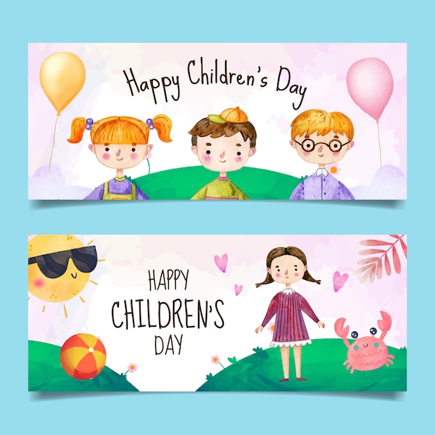 Watercolor world children's day horizontal banners set