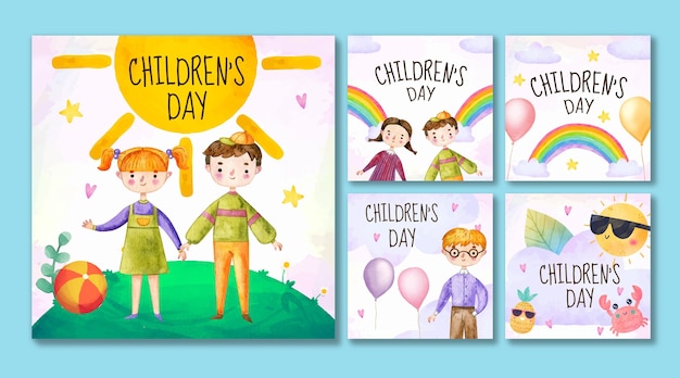 Vettore gratuito collezione di post instagram per la giornata mondiale dei bambini dell'acquerello