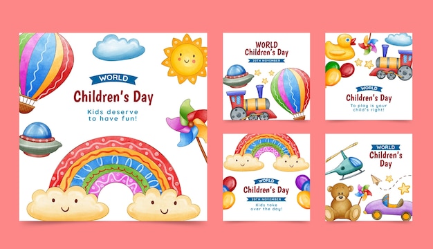 Watercolor world children's day instagram posts collection