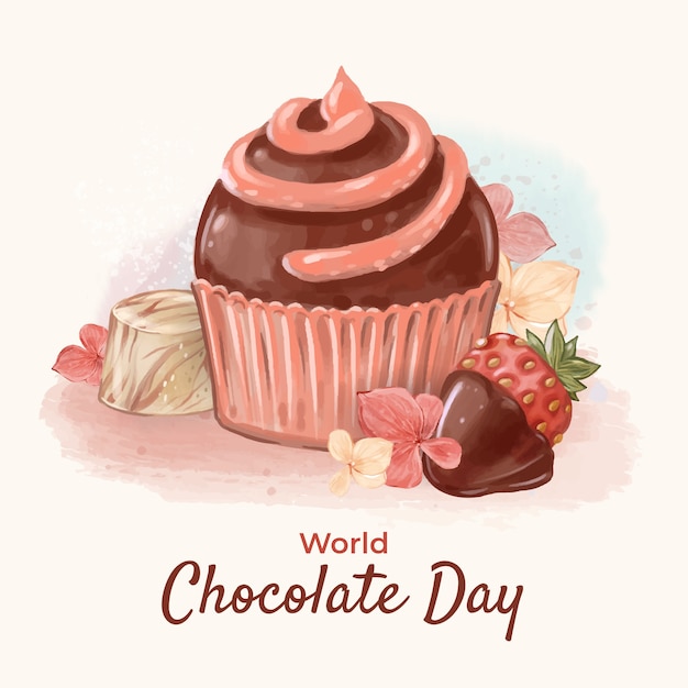 Free vector watercolor world chocolate day illustration with muffin