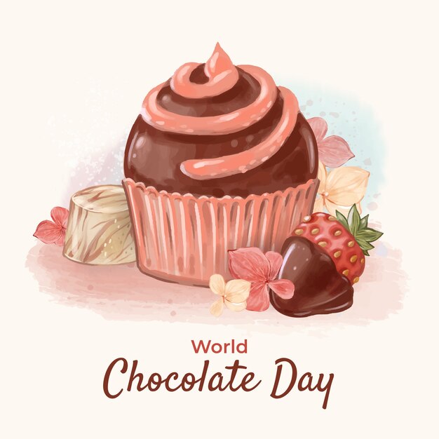 Watercolor world chocolate day illustration with muffin