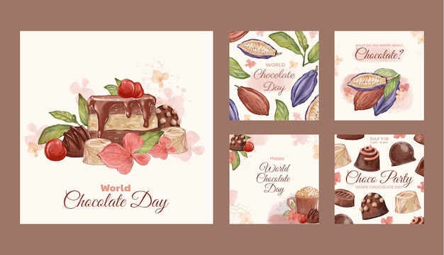 Collezione di post instagram per la giornata mondiale del cioccolato dell'acquerello con dolci