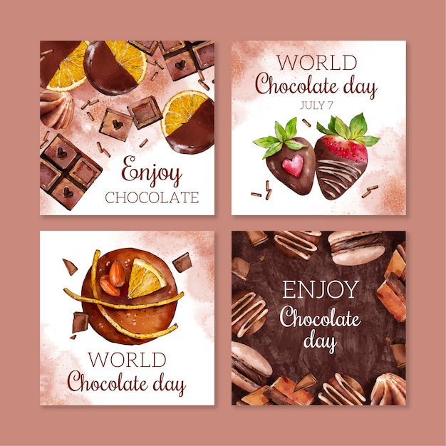 Free vector watercolor world chocolate day instagram posts collection
